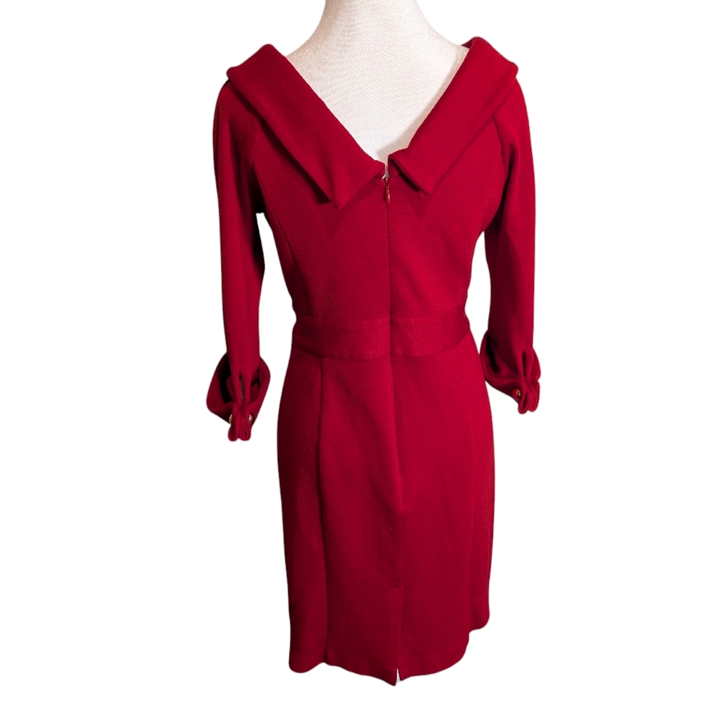 Milly NY Red Wool Sheath Dress Gold Chain Belt Sz M Old Money Classic USA - Picture 5 of 10